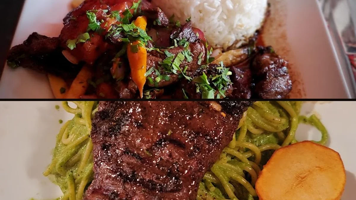 Seafood and steak plates in a bistro